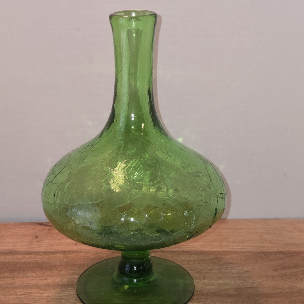 Vintage Green Crackle Glass Decanter Vase MCM Pedestal Blown Glass 11" Retro - Picture 3 of 8